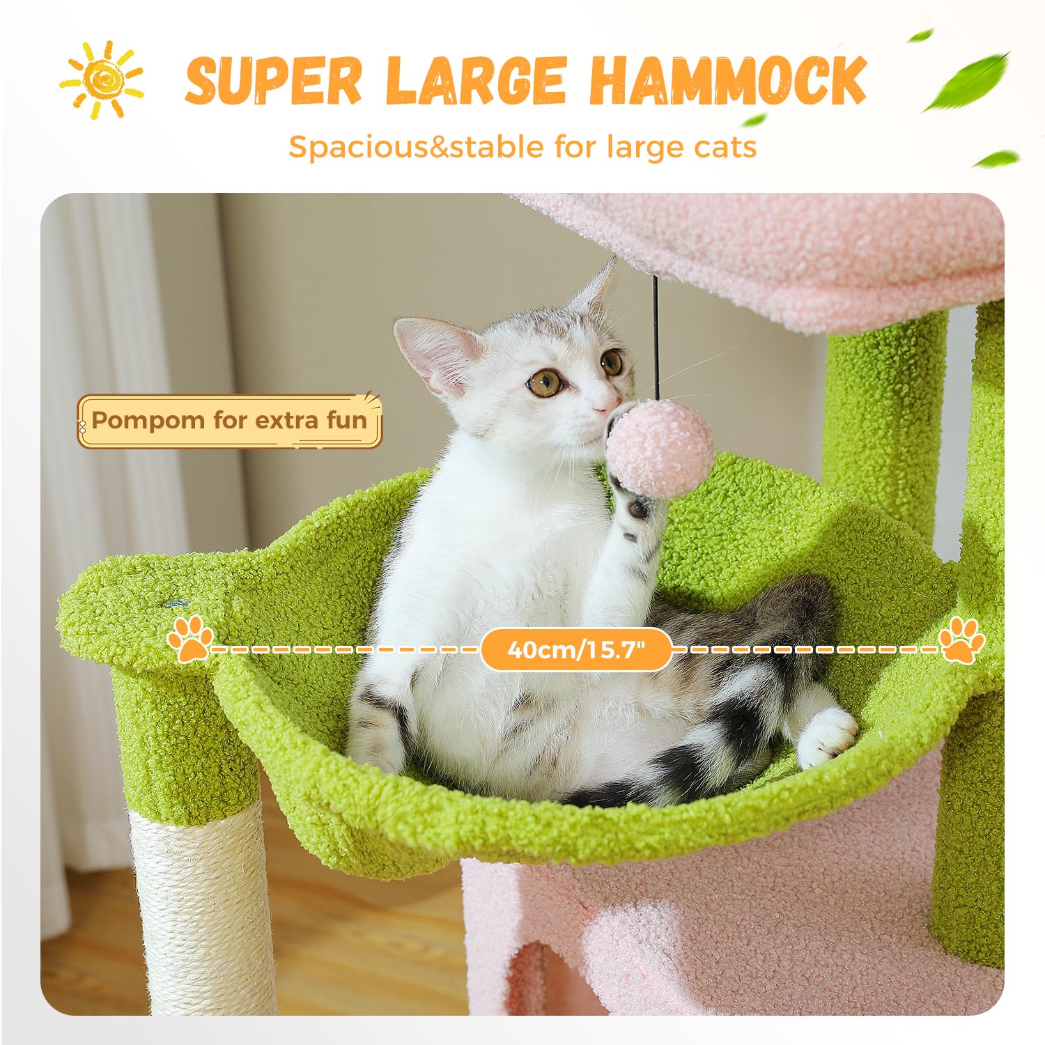 Pawz Road Large Cat Tree, 41 Inches Multi-Level Cat Tower With 2 Spacious Condos For Large Indoor Cats, Pink Flower Cat House Wi